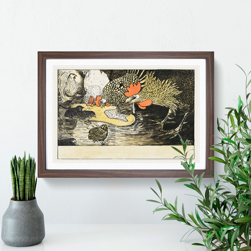 Roosters and Chicks by Theo Van Hoytema - Picture Frame Painting, Walnut Framed, 48cm H x 65cm W x 2cm D