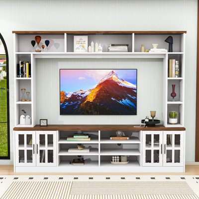 Meuble audio-vidéo mural avec tablettes, portes en verre trempé et tablettes réglables
