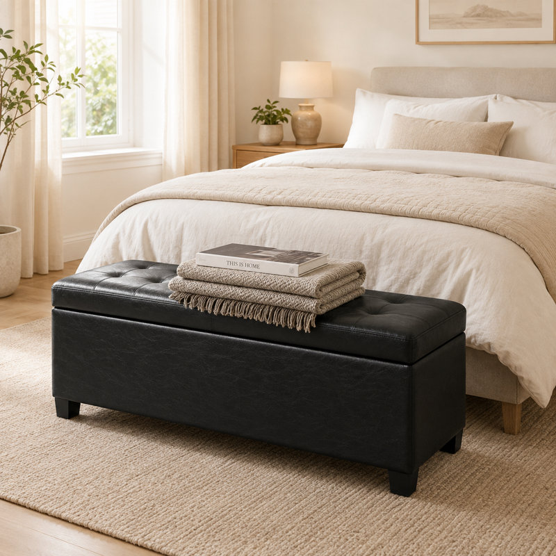Banc ottoman de rangement capitonné en similicuir de 42 pouces pour salon, Faux Leather, Noir