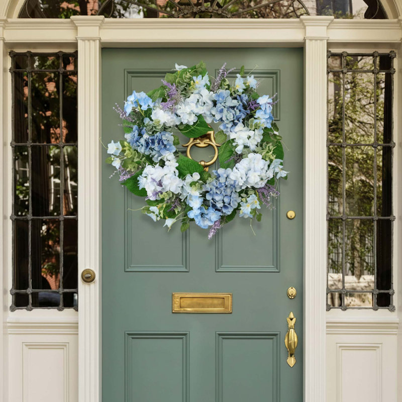 Couronne de lavande 20 po bleu clair, blanc, vert, hortensia artificiel, eucalyptus, printemps, été, porte d'entrée