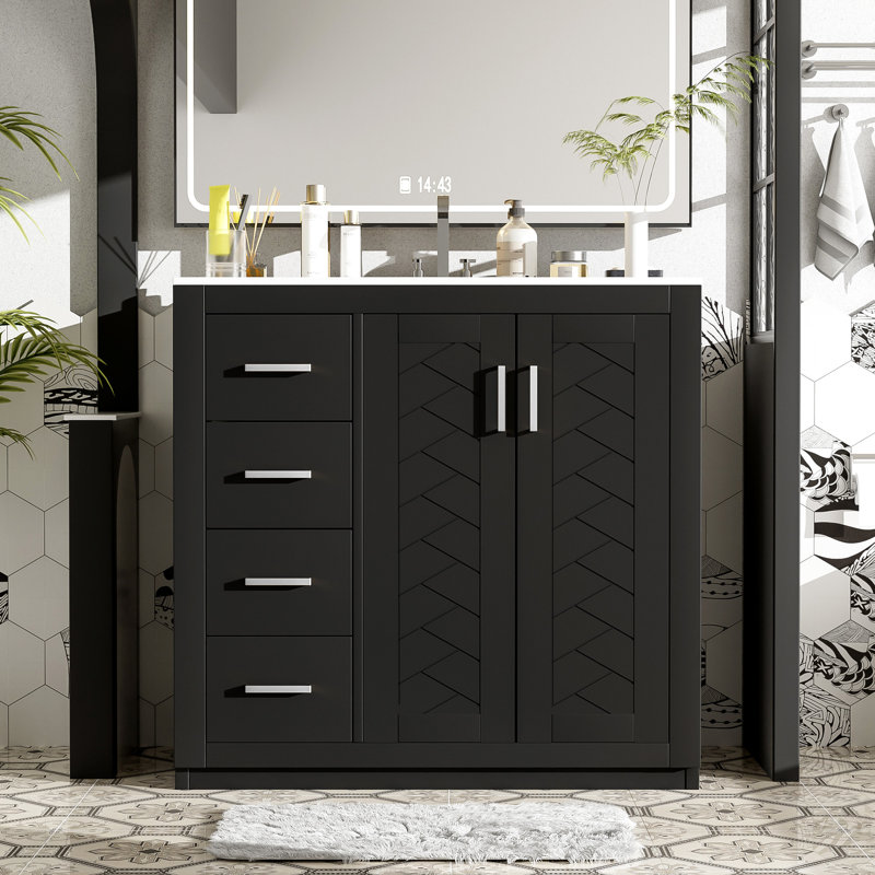 Meuble-lavabo de 36 pouces avec lavabo en céramique, structure en bois massif, charnières, rangement, rangement spacieux pour les produits, style rétro, poignée en métal exquis, glissière à tiroir lisse, lavabo polyvalent de 36 po