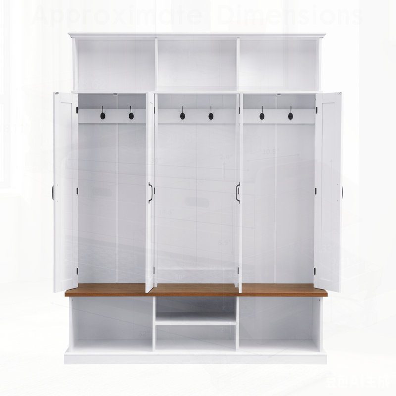 Entryway Hall Tree with Bench, 3 Top Cubbies & Bottom Storage Space, Farmhouse Coat Rack with Hooks & Cabinets for Entryway, Hallway, Mudroom, Living Room