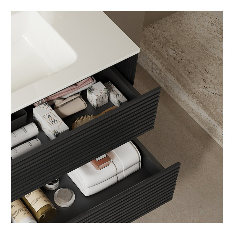 Meuble-lavabo de salle de bain mural flottant avec 2 tiroirs BRON, meuble-lavabo de salle de bain flottant mural avec lavabo et bonde en céramique blanc pré-assemblé, grain de bois chêne foncé BRON