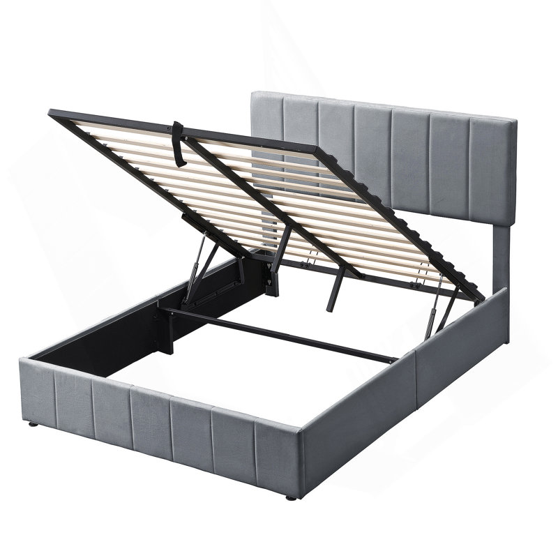 Lit plateforme double avec système de rangement hydraulique - gris, Lit double 