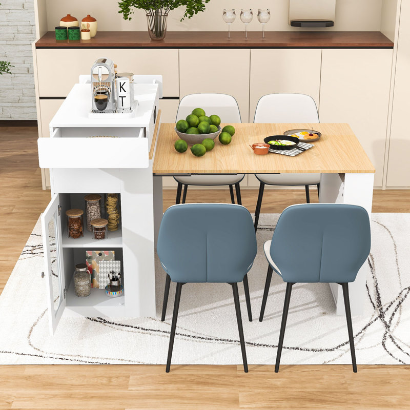 Îlot de cuisine roulant extensible avec table rabattable, prise de courant encastrée et armoire vitrée, Creamy White
