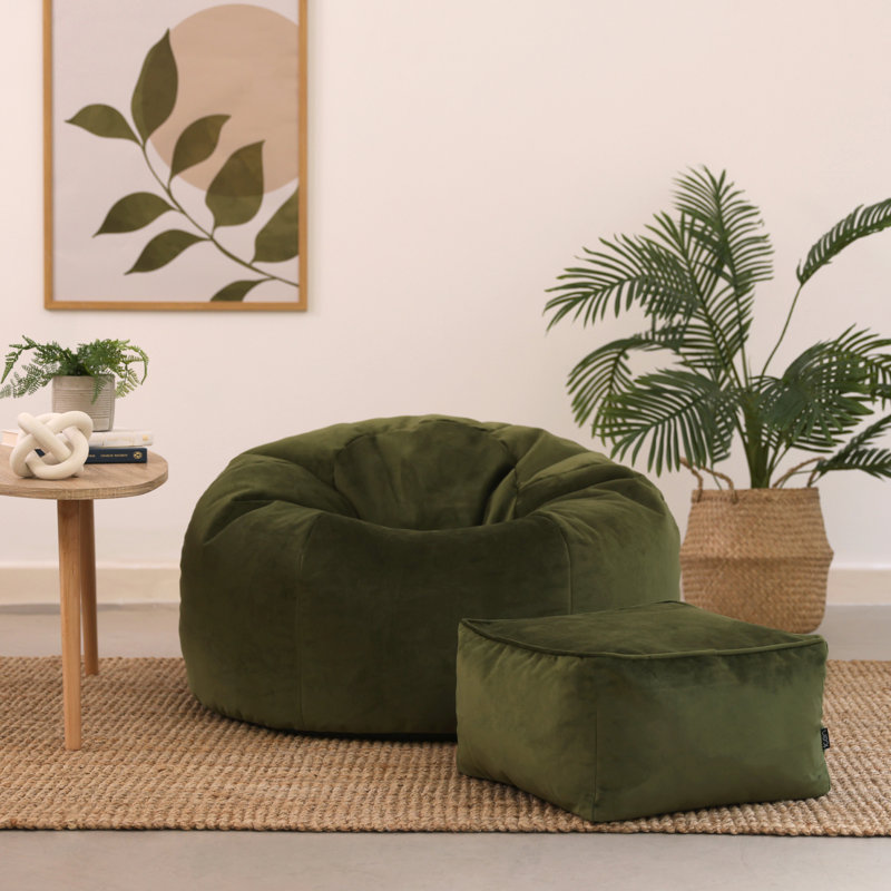 Kingston Velvet Bean Bag and Square Footstool, Olive Green