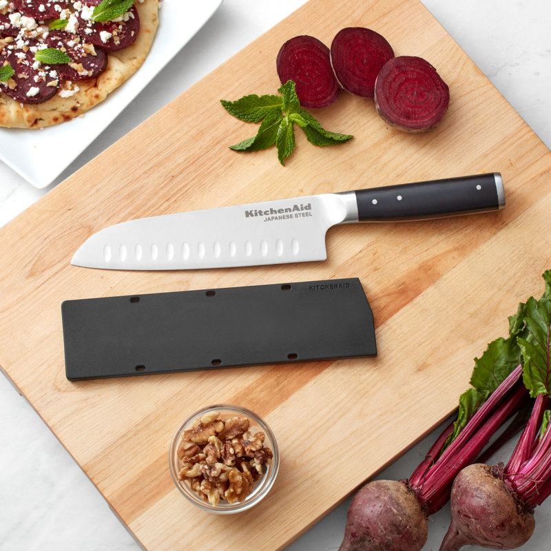 KitchenAid® Gourmet Forged Triple Rivet Santoku Knife with Custom-Fit Blade Cover, 7-inch, Black