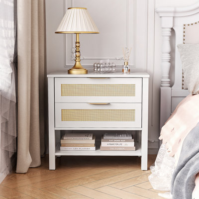 Table de chevet étroite en rotin avec 2 tiroirs et tablette de rangement Boho