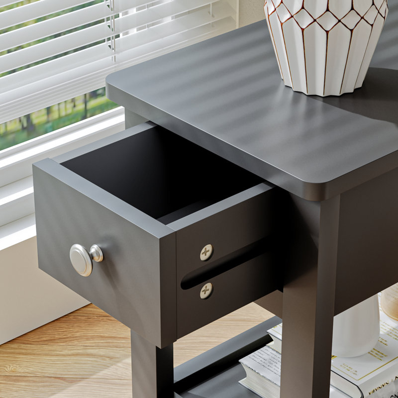 24'' Tall End Table, Narrow Side Table with Drawer and Shelves for Small Space, Black