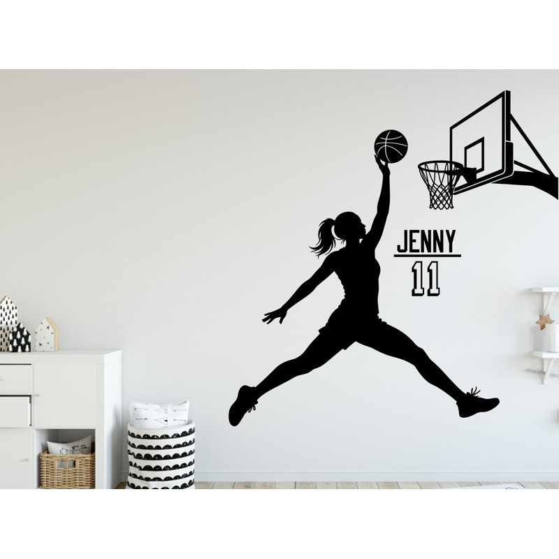 Décalcomanie murale fille basketball, autocollant mural nom personnalisé, cadeaux personnalisés panier art chambre d'enfant, décoration 341DRE