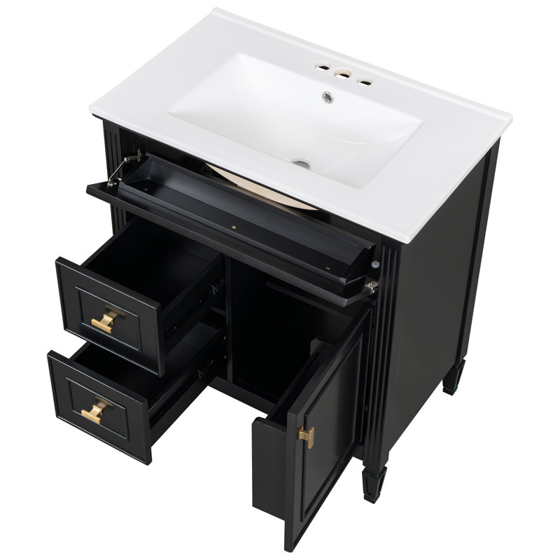 Meuble-lavabo 30 po avec lavabo, armoire en bois massif et panneau de fibres à densité moyenne avec rangement réglable et tablette réglable