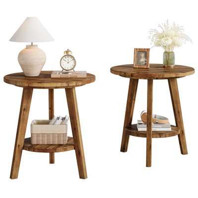 Solid Wood Round Side Table Set Of 2, 2-Tier End Table With Storage Shelf