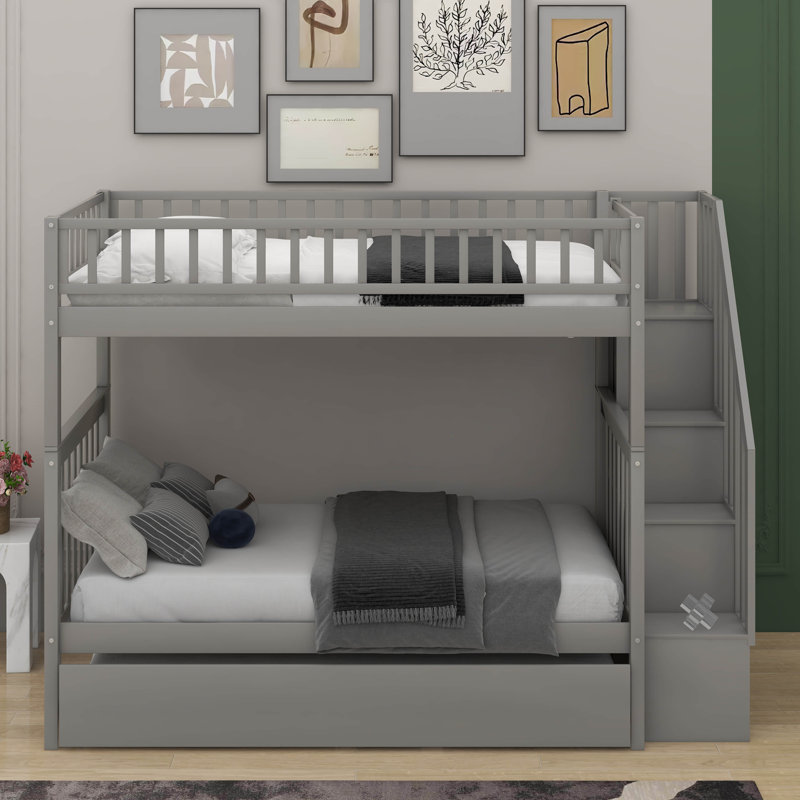 Twin Over Twin Bunk Bed With Trundle, Gray
