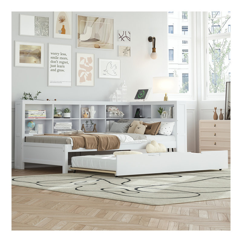 Lit de jour en bois avec lit gigogne simple, lit de jour avec tablette de rangement et ports de chargement USB, Lit simple