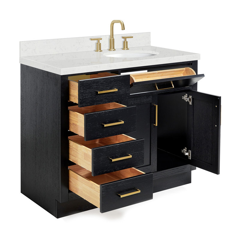 Meuble-lavabo simple en bois massif 42 po Tidworth avec plateau en quartz Carrara de 1,5 po, Oui, Ovale, Chêne noir