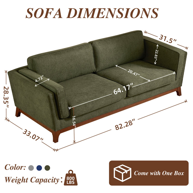82" Upholstered Modern Square Arm Sofa, Green