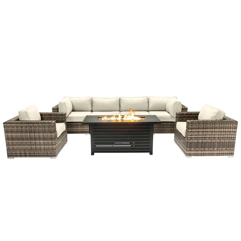 Ensemble de conversation modulaire 7 pièces avec foyer en métal et coussins Sunbrella Lsi, Toile Sunbrella