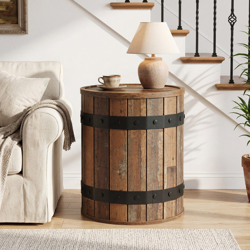 Table d'appoint ronde tonneau avec rangement caché