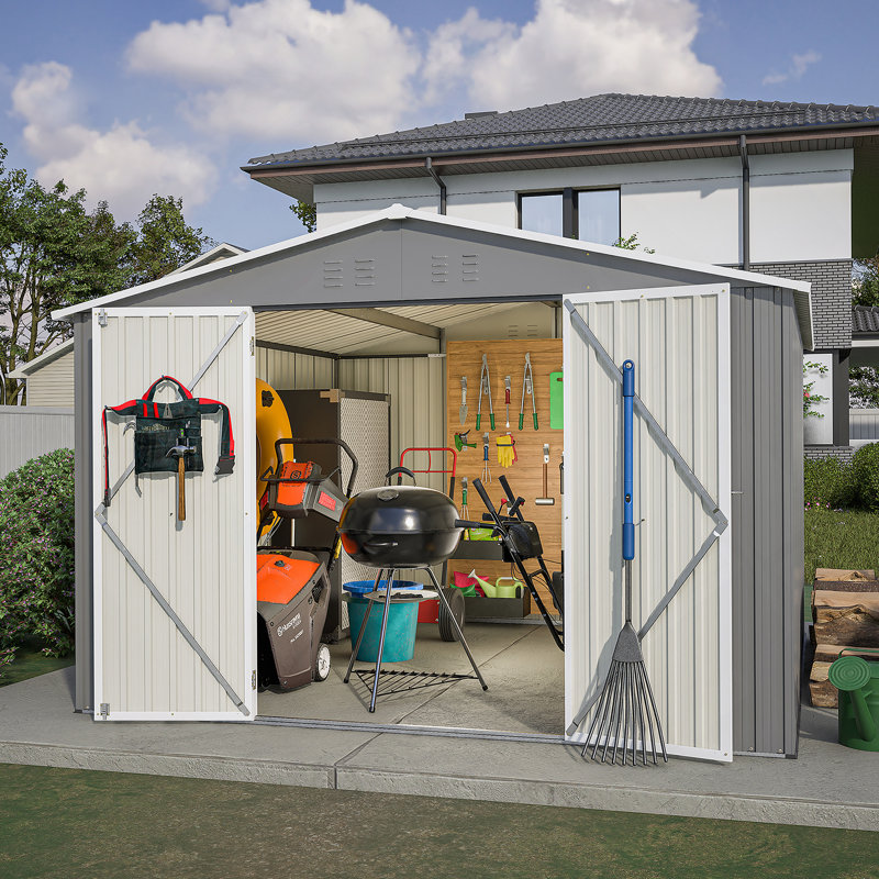 Remise de rangement extérieure 10 x 10 pi, grande remise à outils en métal avec structure à cadre et portes verrouillables, abri de jardin pour la cour de jardin, gris
