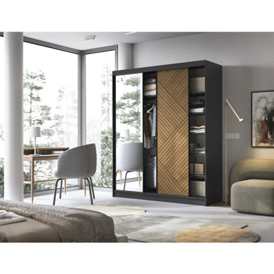 Armoire autoportante à 3 portes coulissantes en miroir Marrphy - noir / chêne caramel