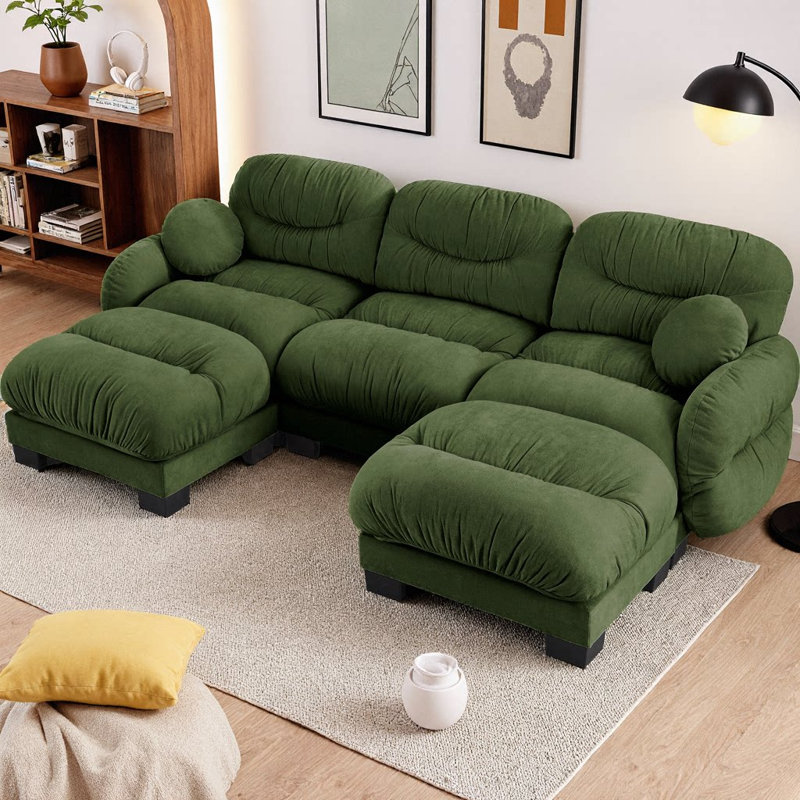 U-Shaped Pleated Chenille Fabric Modular Sectional Sofa with 2 Ottomans, 3-Seater Couch with Ergonomic High-Density Foam Seat, Curved Round Armrests & 2 Throw Pillows