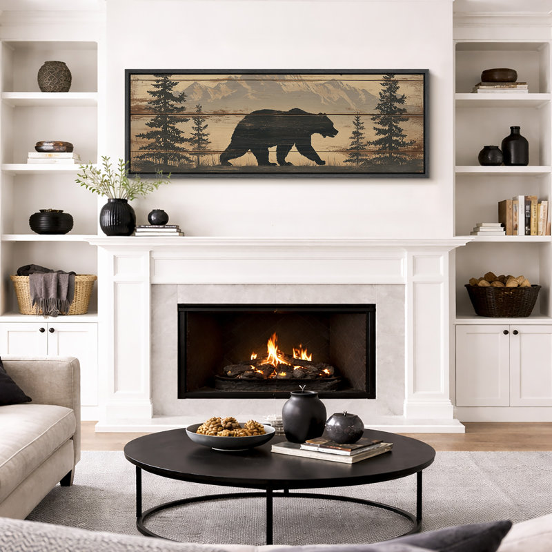 «Rustic Bear Mountain Forest Silhouette Art Extra Large», reproduction d'art sur toile encadrée, Noir