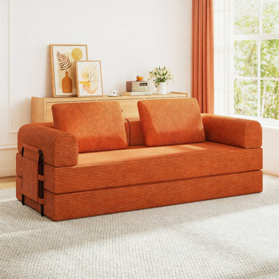Canapé-lit convertible avec coussin cylindrique - Coussin en velours côtelé avec cadre de forme fixe pour le salon, la chambre à coucher, le salon, le studio-orange