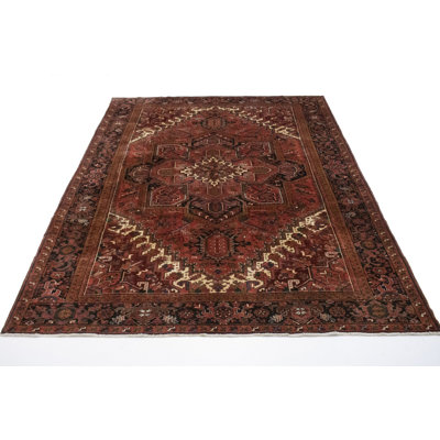 Tapis décoratif en laine rouge brique rouge de conception unique 10 pi 1 po x 13 noué à la main des années 1980