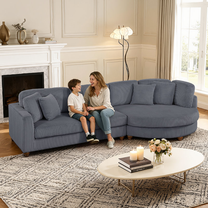 Modern 2-piece Sectional With Round Chaise & 4 Pillows, Corduroy Fabric, Dark Gray