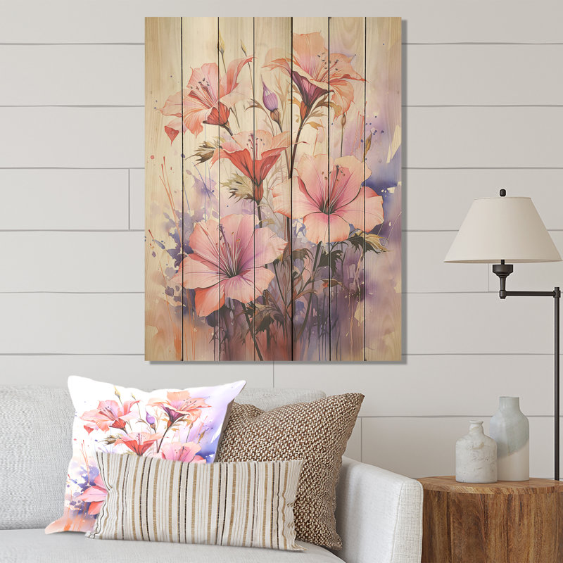 Motif de coquelicots roses et coraux III - coquelicots sur bois, H 44 po x l 34 po
