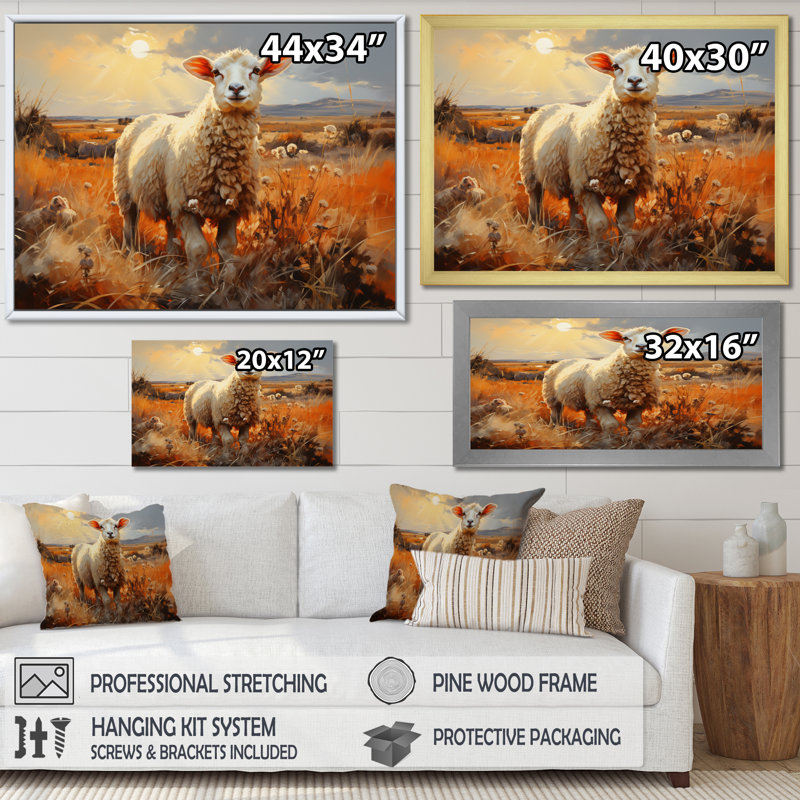 «Sheep In Sunlight I» sur toile, Cadre flottant doré, H 16 po x l 32 po x P 1 po