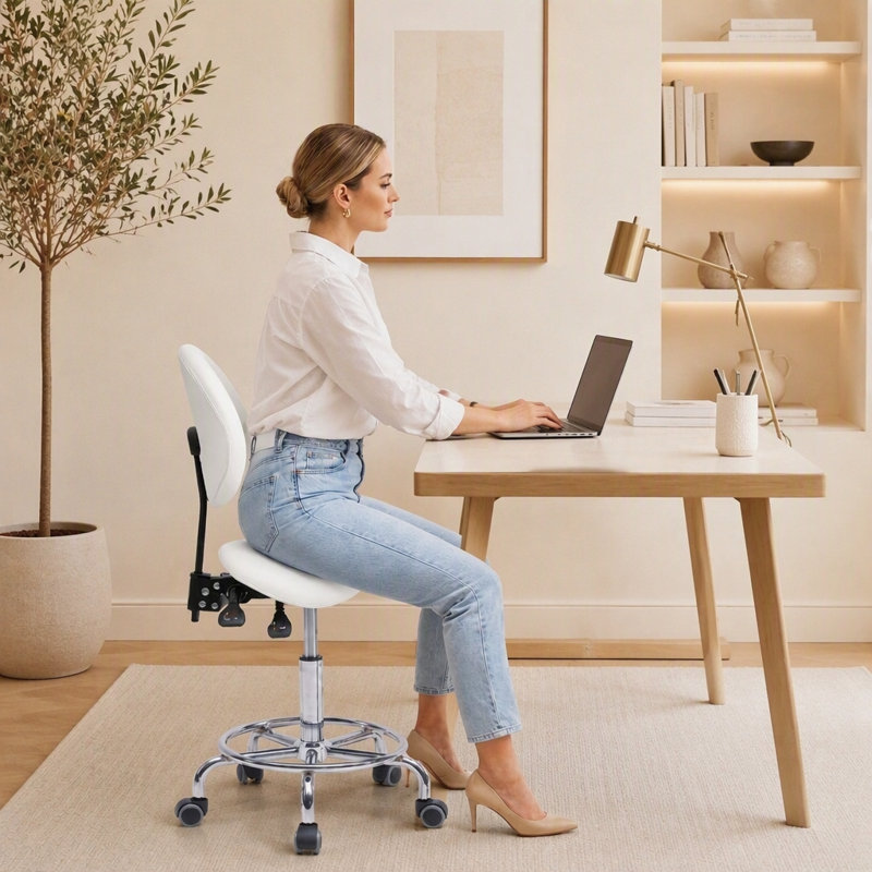 Tabouret de selle ergonomique avec dossier, pivotant, inclinable et à roulettes pour usage médical et de bureau - Blanc