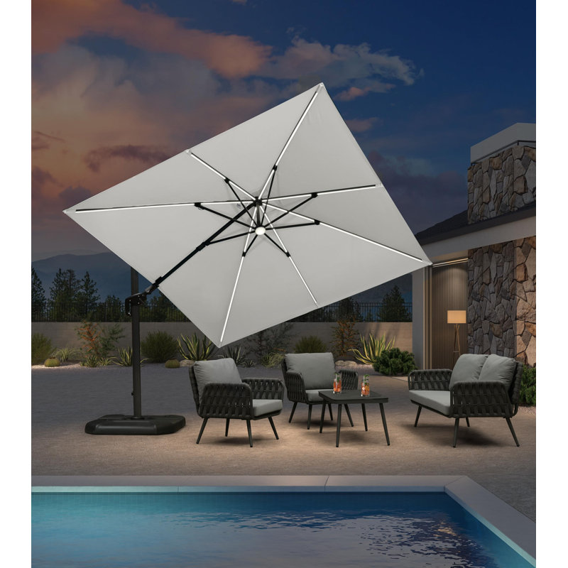 Rosemin 10' Square Lighted Cantilever Umbrella with Base and Solar Powered LED Swivel, White