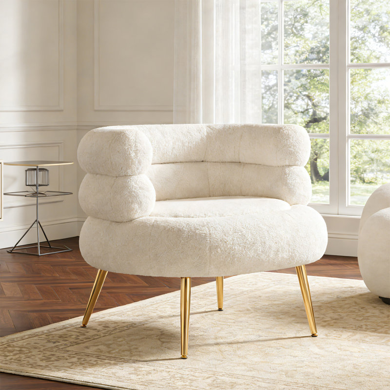 29.5" Boucle Curves Accent Chair Barrel Chair with Metal Legs, Beige