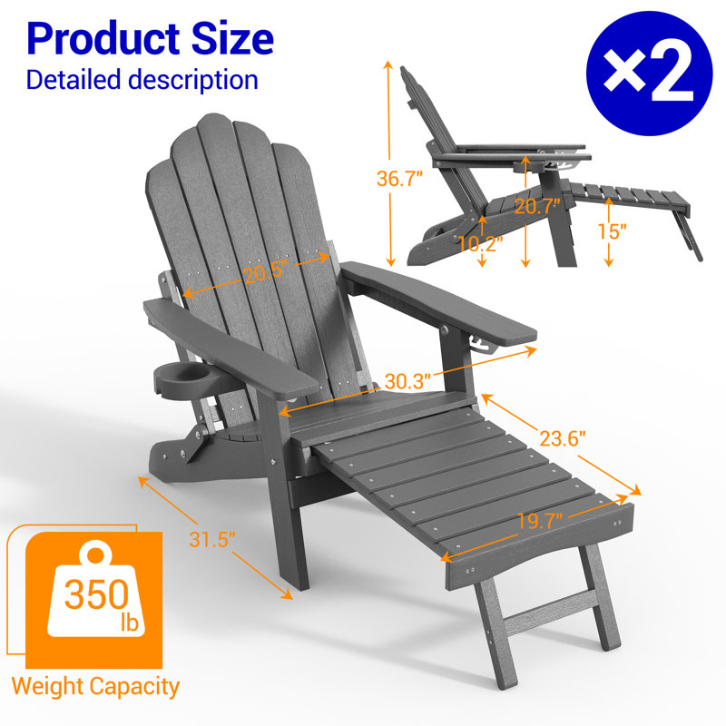 Folding Adirondack Chair with Cup Holders, Fire Pit Chair with Retractable Ottoman,  Multifunctional HIPS Chair for Porch, Patio, Balcony