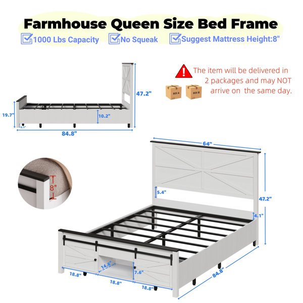 4 Pieces Bedroom Sets Full Size Farmhouse Platform Bed With Wooden Strip Decoration, 2 Storage Nightstands And A 6-Drawer Dresser With Metal Handle