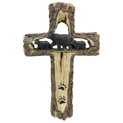 Croix en polyrésine et écorce d'arbre avec trois ours noirs décoratifs
