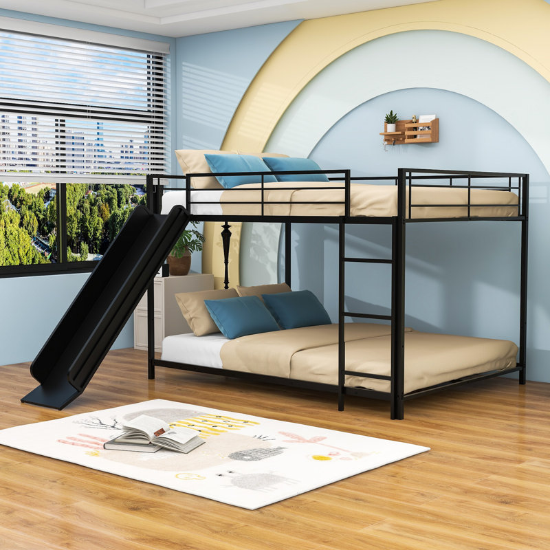 Lit superposé double au-dessus de double avec glissière et garde-corps, conception mezzanine convertible, Noir