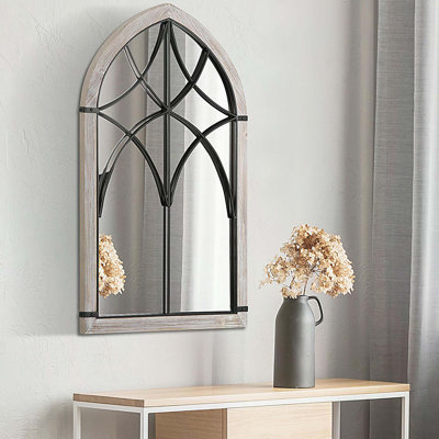 Grand miroir mural de style campagne 36,5 "x 23,5", miroir de fenêtre arqué pour décoration murale dans le salon, la chambre à coucher, le vestibule, grain de bois rustique