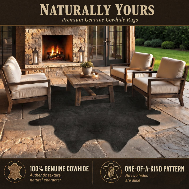 Tapis en cuir de vache fabriqué à la main noir Plainsboro, 5 pi x 7 pi