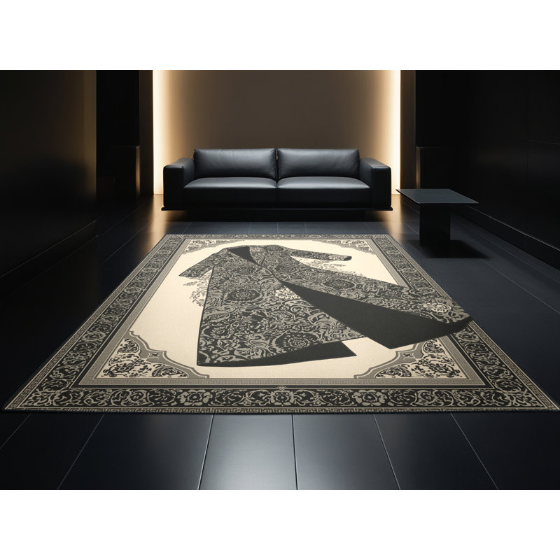 Tapis oriental noir classique Benson lavable à la machine - reliure noire, 5 x 7