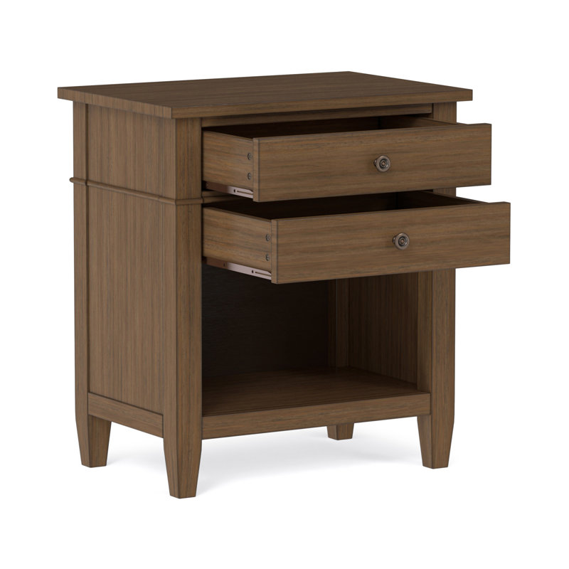 Table de chevet transitionnelle en bois massif l 24 po Carlton avec 2 tiroirs, tablette de rangement ouverte et quincaillerie bronze