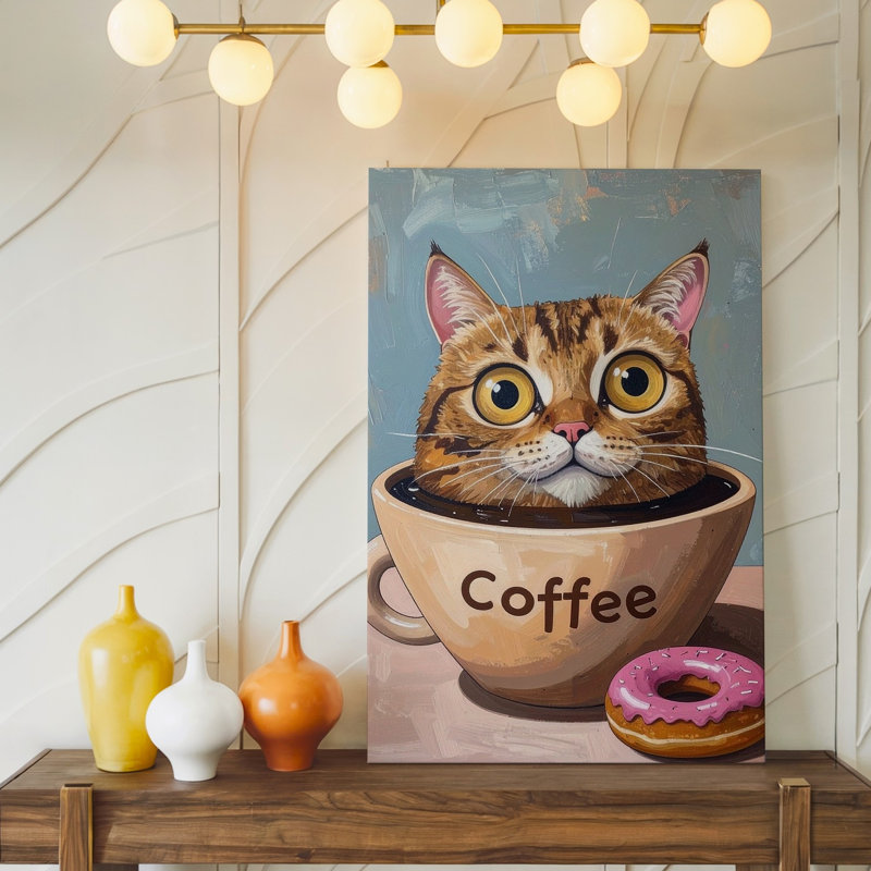 Art mural sur toile café chat fantaisiste caricature dans une tasse avec beigne caféine prête à accrocher décorée de qualité supérieure