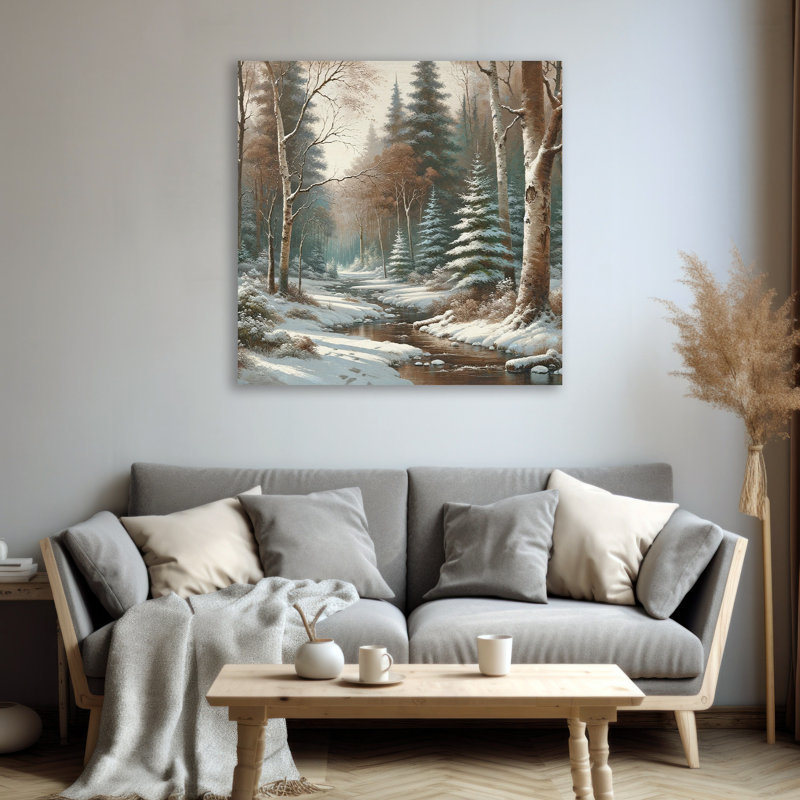 «Whispering Pines: Serene Snow-Covered River» sur toile, H 40 po x l 40 po x P 1,5 po