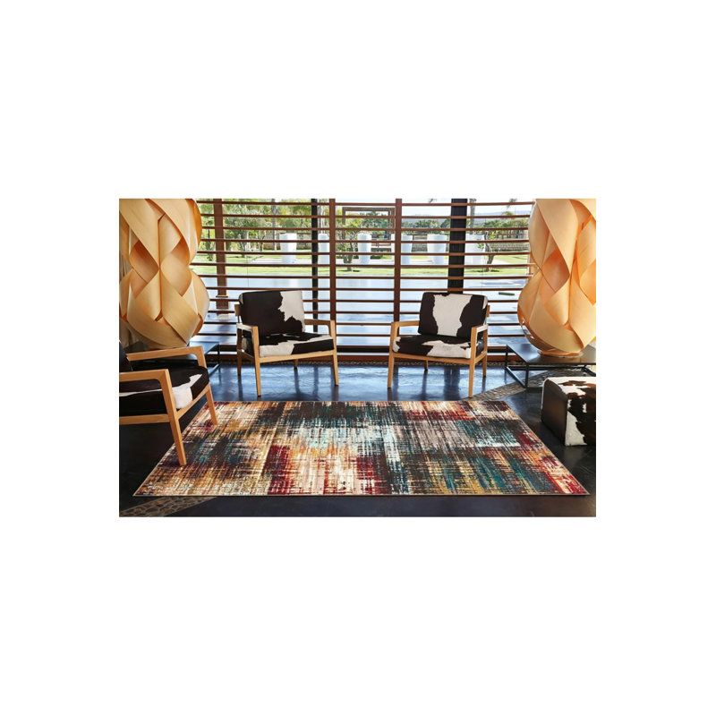 Hira Colorful Geometric Patterned Woven Base Washable Carpet, Rectangle 4' x 5'11"