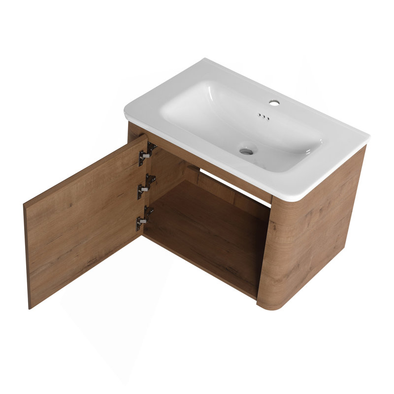 28'' Wall-Mounted Bathroom Vanity With White Ceramic Sink & 1-Soft-Close Door, , Plywood, Imitative Oak, 28"