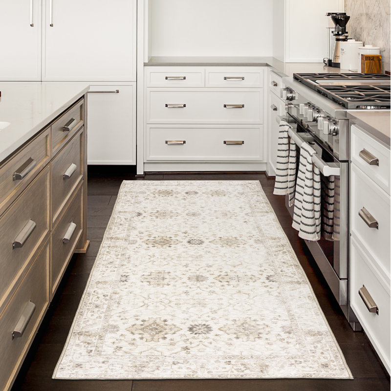 Bev Distressed Beige Ivory Machine Washable Area Rug, Runner 2'6" x 10', Beige