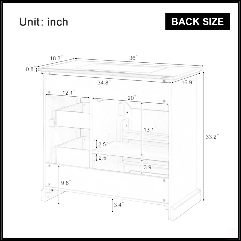 Meuble-lavabo de 36 pouces avec lavabo en céramique, charnières à fermeture en douceur et solutions de rangement multiples pour les salles de bain modernes.