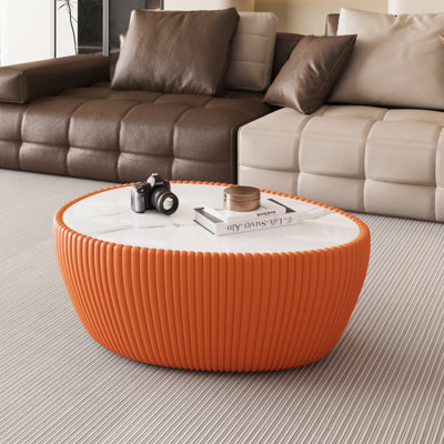 Table basse moderne en cuir de couleur orange clair avec œufs d'oie et plateau en marbre clair pour meubles de salon
