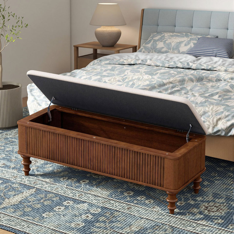 Banc de rangement rembourré l 50,6 po avec pieds en bois massif, Noyer